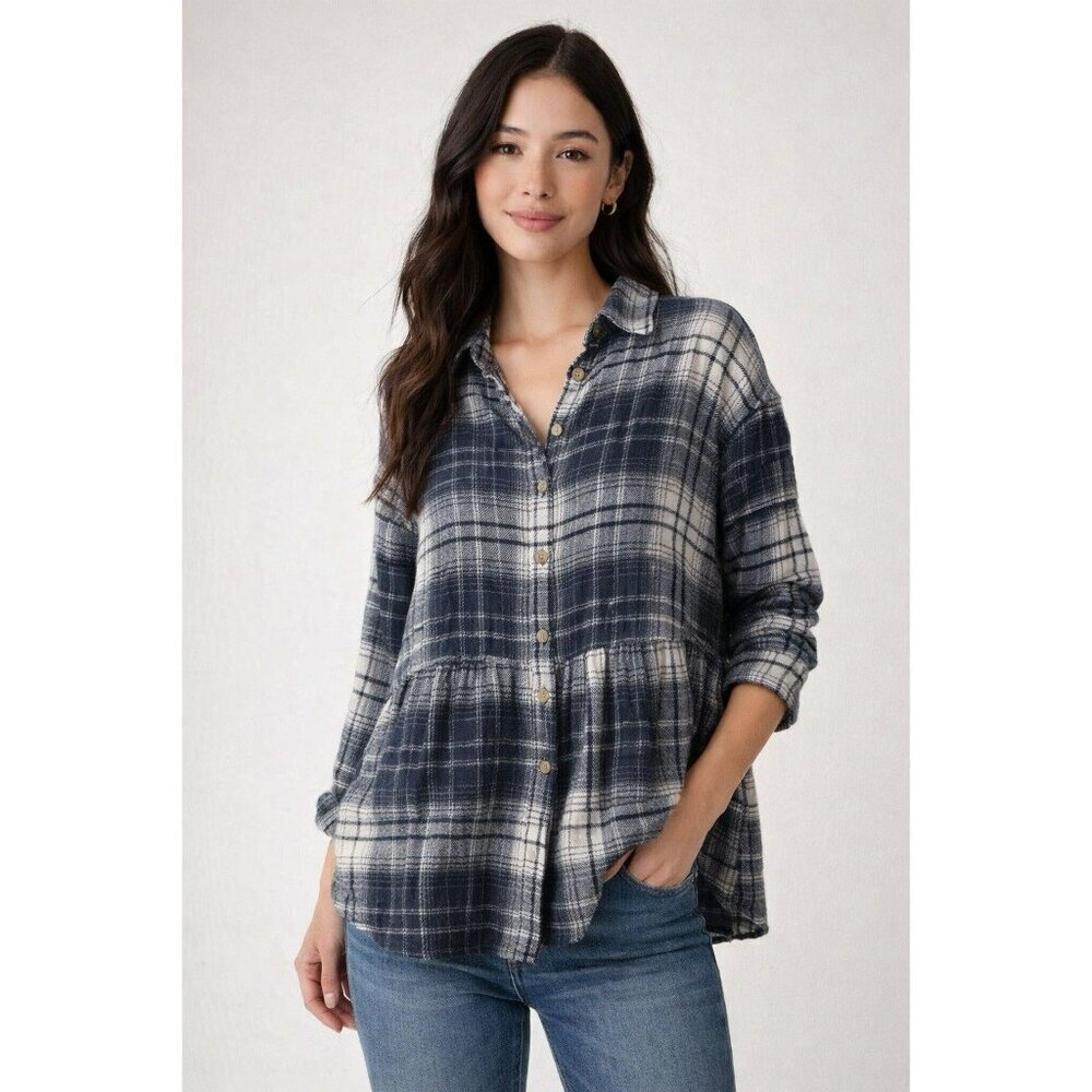 New American Eagle Blue Plaid Ahh mazingly Soft Button Up Peplum Babydoll Top M